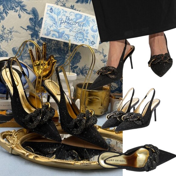 🆕 KURT GEIGER LONDON 🧿 NWOB Black Crystal Chain Slingback Pump, Sz EU 37 US 7 - Picture 1 of 14